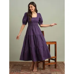 Globus Women Mauve Square Neck Puff Sleeves Solid Tiered Fit & Flare Maxi Resort Dress-picture-48