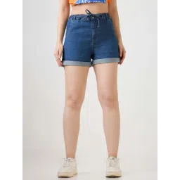 Globus Women Med Blue Slim Fit Mid-Rise Drawstring Closure Denim Shorts-picture-20