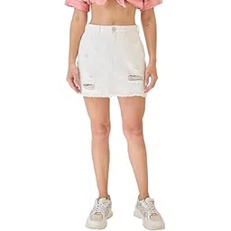 globus Women Mid Rise Distressed & Frayed Hem Mini Denim Skirt-picture-41