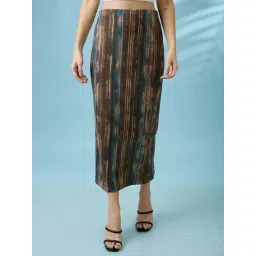 Globus Women Multi Color High Rise Stretchable Hazzy Print Back Slit Workwear Midi Pencil Skirt-picture-17