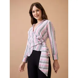 Globus Women Multi-Color Vertical Stripes Shirt Collar Wrap Waist Tie-Up Workwear Top-picture-22