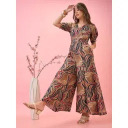 Globus Women Multi-Colour Abstract Print V-Neck Puff Sleeves Belted Fusion Jumpsuit-picture-26