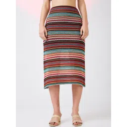 Globus Women Multi Colour Stripes Pattern Crochet Mid Rise Straight Midi Skirt-picture-15