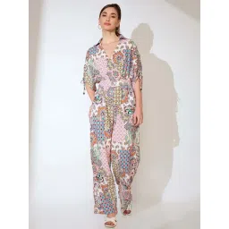 Globus Women Multi Pink Shirt Collar Ruched Sleeves Ethnic Motifs Print Belted Fusion Jumpsuit-picture-18