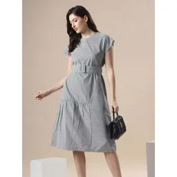 Globus Women Multi Striped Boat Neck Extended Sleeve Belted Detail Knee Length Fit & Flare Dress-picture-12