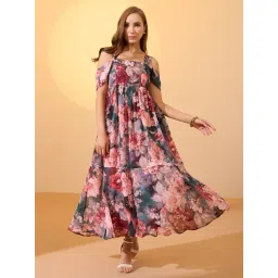 Globus Women Multicolor Floral Print Square Neck Cold Shoulder Sleeve Fit & Flare Maxi Dress-picture-18
