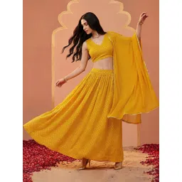 Globus Women Mustard V-neck Bandhani Print Crop Top With Skirt & Dupatta Festive Co-ord Set-picture-29