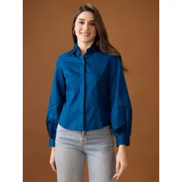 Globus Women Navy Blue Collared Neck Pleated Cuffed Sleeves Solid Curved Hem Workwear Shirt-picture-20