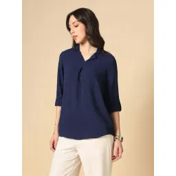 Globus Women Navy Blue Cuban Collar Roll Up Sleeves Shirt Style Workwear Shirt-picture-43