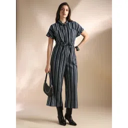 Globus Women Navy Blue Striped Extended Sleeves Collared Neck Waist Tie-Ups Wide Leg Jumpsuit-picture-26