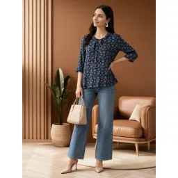 Globus Women Navy Blue Tie-Up Neck Ethnic Print Frill Detail Top-picture-16