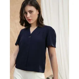 Globus Women Navy Blue V-Neck Puff Sleeve Pleated Formal Top-picture-23