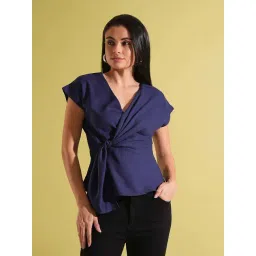 Globus Women Navy Blue Wrap V-Neck Extended Sleeves Twisted Detail Workwear Top-picture-33
