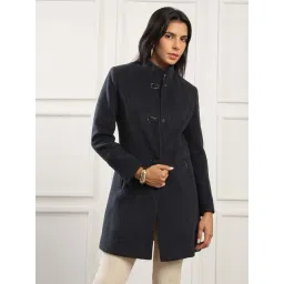 Globus Women Navy Mock Collar 2 Zipper Pockets Soft Functional Hip Length Winterwear Overcoat-picture-28