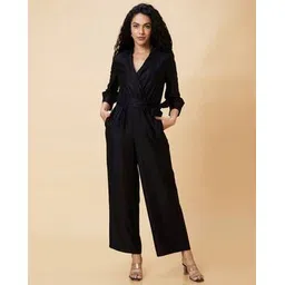 globus Women Notched Lapel Cuffed Sleeves Waist Tie-Up Party Jumpsuit-picture-45