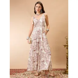 Globus Women Off White V-Neck Tie Up Sleeves Ethnic Print Wide Leg Fusion Jumpsuit-picture-20