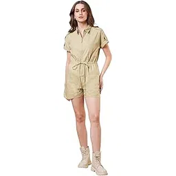 globus Women Olive Shirt Collar Big Button Closure Military Style Playsuit-picture-28