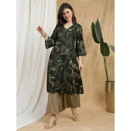 Globus Women Olive V-Neck Bell Sleeves Tropical Wildlife Print Thread Work A-Line Kurta-picture-26