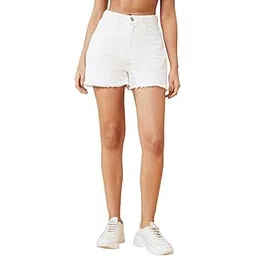 globus Women Opaque Cotton Mid-Rise Frayed Denim Shorts-picture-26