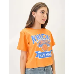 Globus Women Orange Typography Printed Round Neck Cotton Oversized Trendy Crop T-Shirt-image-29
