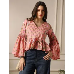 Globus Women Peach V-Neck Bell Sleeves Floral Print Panelled Peplum Tunic-picture-36