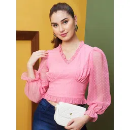 Globus Women Pink Casual V-Neck Crop Top image 1