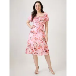 Globus Women Pink Floral Printed Tie-Up Square Neck Puff Sleeves Side Slit Fit & Flare Midi Dress-picture-31