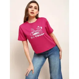 Globus Women Pink Round Neck Drop Shoulder Sleeves Graphic Print Boxy Fit Crop T-Shirt-picture-23
