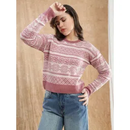 Globus Women Pink Round Neck Long Sleeve Self Knit Acrylic Winterwear Pullover Sweater-picture-35