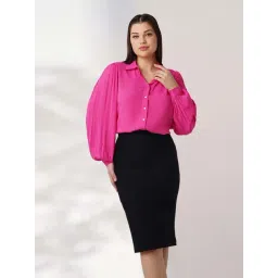 Globus Women Pink Self Design Spread Collar Puff Sleeves Workwear Shirt-picture-39