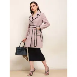 Globus Women Pink Solid Notched Lapel Embroidered Detail Knee Length Belted Winterwear Overcoat-picture-29