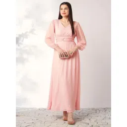 Globus Women Pink V-Neck Bishop Sleeves Smocked Fit & Flare Maxi Party Dress-picture-36