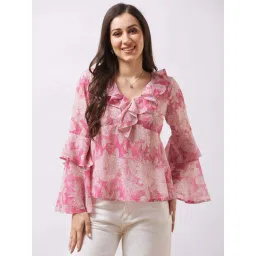 Globus Women Pink V-Neck Flared Sleeves Floral Print Ruffle Detail Georgette A-Line Top-picture-38