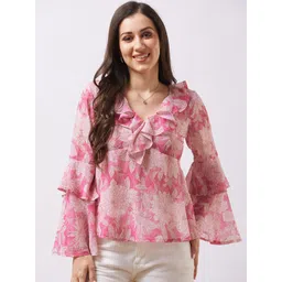 Globus Women Pink V-Neck Flared Sleeves Floral Print Ruffle Detail Georgette Empire Top-picture-28