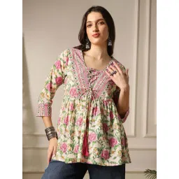 Globus Women Pink V-Neck Floral Print Tie-Up Tassel Detail Gathered Tunic-picture-27