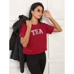 Globus Women Red Round Neck Short Sleeves Graphic Print Boxy Fit T-Shirt-picture-34