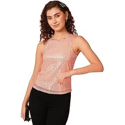 globus Women Rose Gold Embellished Sequinned Net Party Top-picture-17