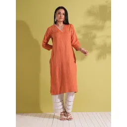 Globus Women Rust Lace Insert V-Neck Striped Woven Design Straight Workwear Kurta-picture-10
