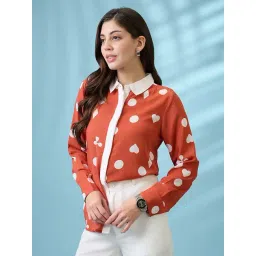 Globus Women Rust Printed Self Design Collared Neck Cuffed Sleeves Shirt-picture-42