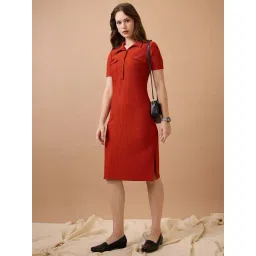 Globus Women Rust Self Design Shirt Collar Pocket Detail Midi Sheath Workwear Dress-picture-22