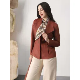 Globus Women Rust Shawl Collar Self Design Suede 2 Pockets Soft Functional Winterwear Overcoat-picture-33