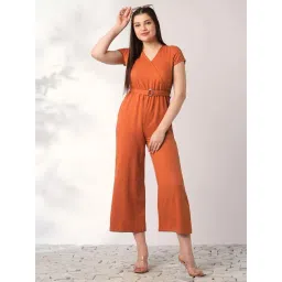 Globus Women Rust Wrap V-Neck Short Sleeves Belted Long Jumpsuit-picture-27