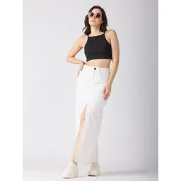 Globus Women Solid Pure Cotton Denim High-Rise Front Slit Straight Maxi Skirt-picture-33