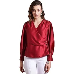 globus Women Solid Shirt Collar Cuffed Sleeves Twisted Buckle Detail Shirt Style Party Top-picture-11