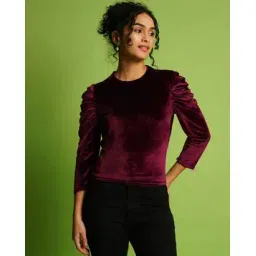 globus Women Solid Velvet Round Neck Puff Sleeve Party Top-picture-15