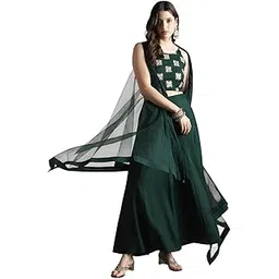 globus Women Strappy Sleeve Sequin Embroidered Crop Top with Flared Palazzos & Asymmetric Hem Shrug Festive Coords Set-picture-22