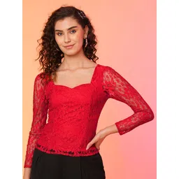 Globus Women Sweetheart Neck Smocked Floral Lace Top-picture-34