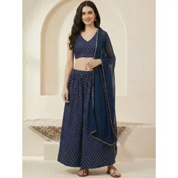 Globus Women Teal V-neck Bandhani Print Crop Top With Flared Hem Skirt & Dupatta Festive Co-ord Set-picture-28