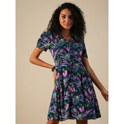 Globus Women Tropical Printed V-Neck Puff Sleeve Above Knee Fit & Flare Dress-picture-10