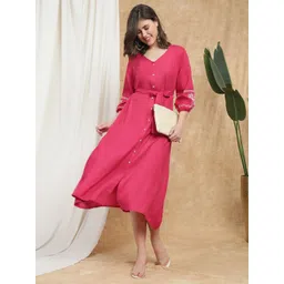 Globus Women V-Neck Bishop Sleeves Embroidered Detail Waist Tie-Ups A-Line Midi Dress-picture-19